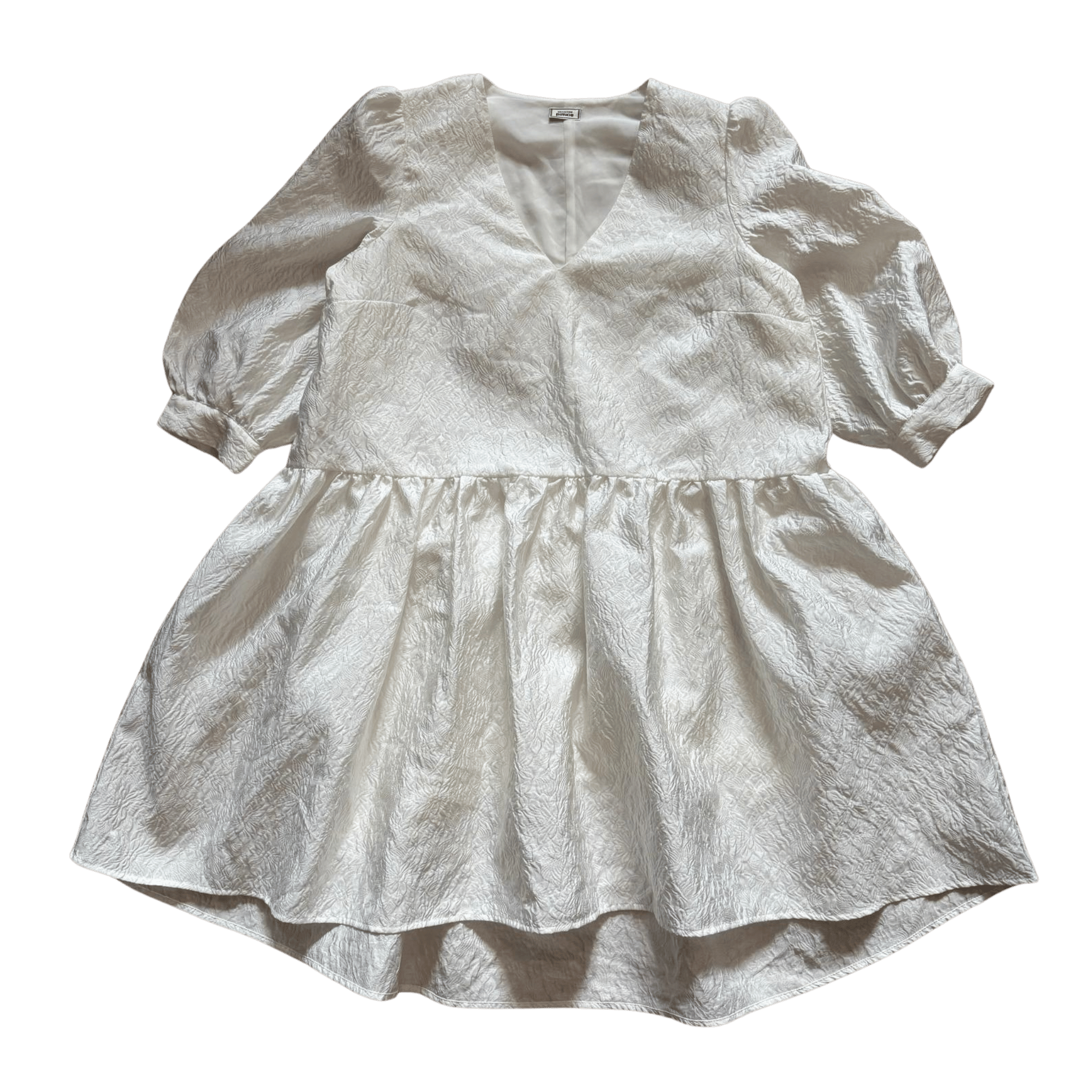 Women's white mini dress with puff sleeves and a V-neck – textured material, flared cut