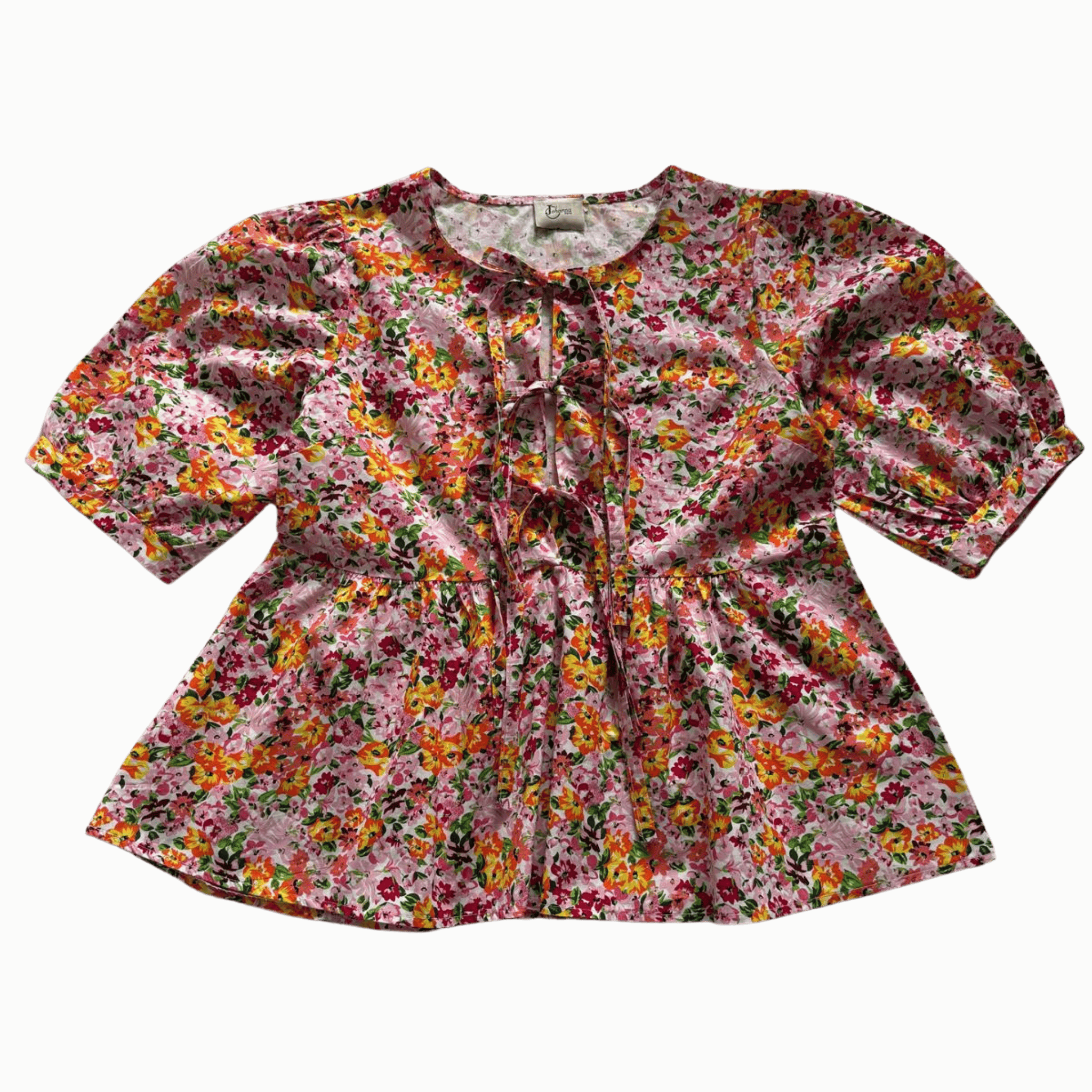 Johanna Paris Pink Floral Puff Sleeve Tie Blouse – Boho Cotton Tunic