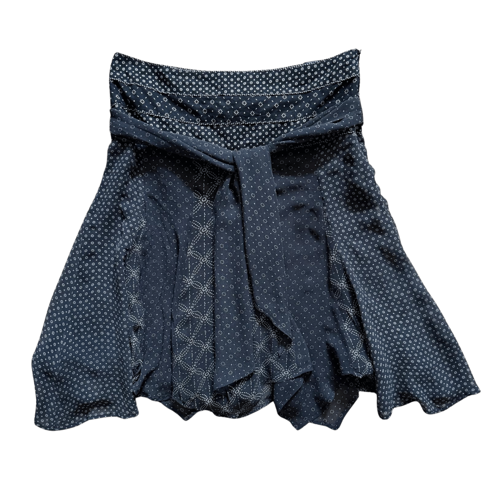 Anthracite silk mini skirt with tie and ethnic pattern – a feminine skirt for summer
