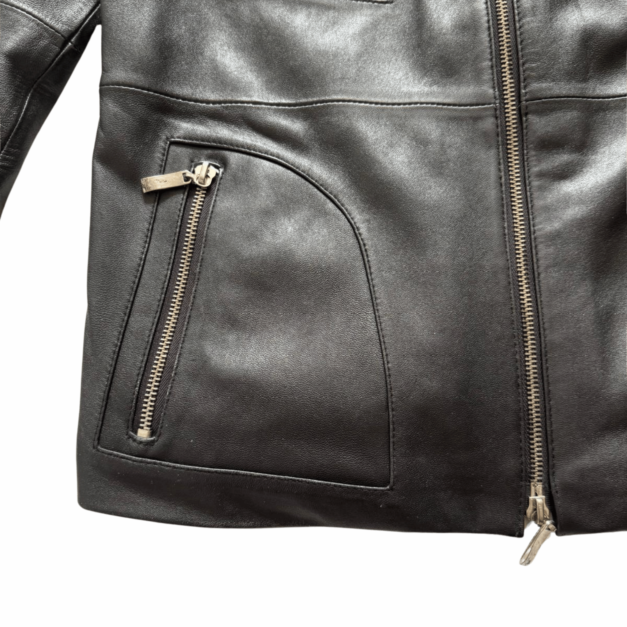 Black leather biker jacket with four zippered pockets