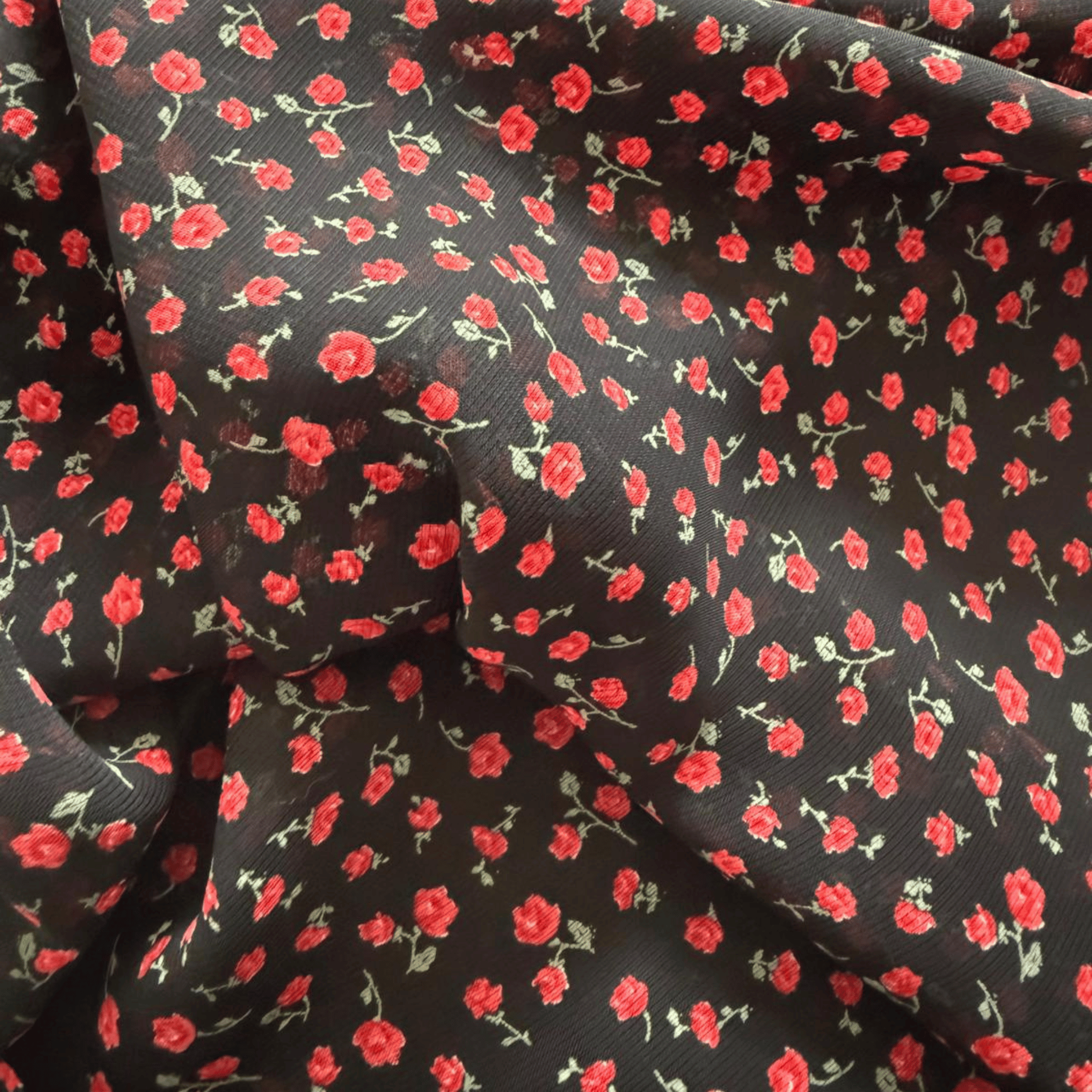 Black Vintage Midi Dress with Red Floral Pattern – Romantic V-Neck Dress