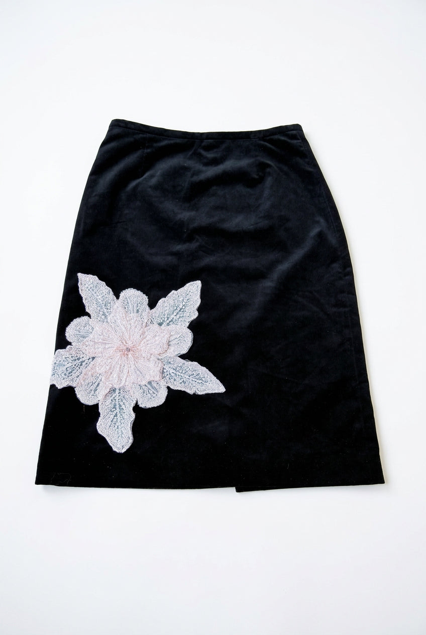 Welurowa spódnica vintage z aplikacją upcycling