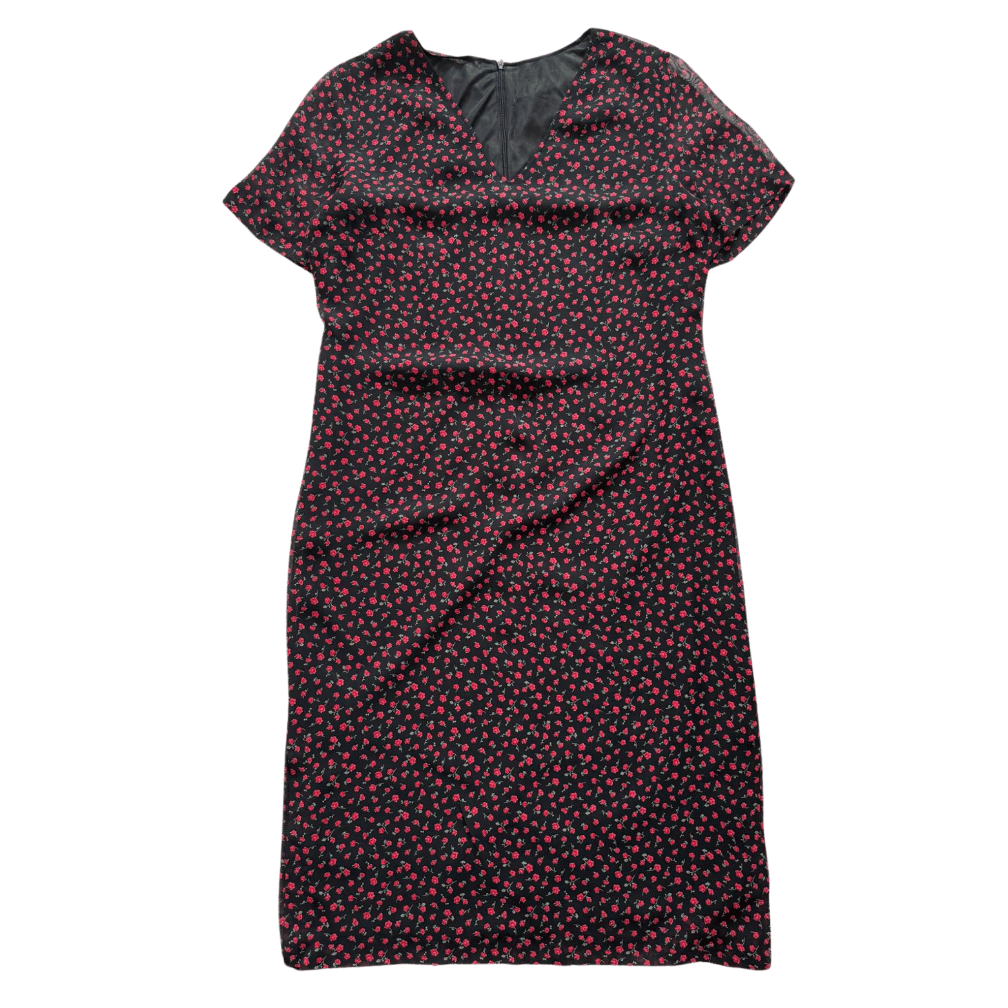 Black Vintage Midi Dress with Red Floral Pattern – Romantic V-Neck Dress