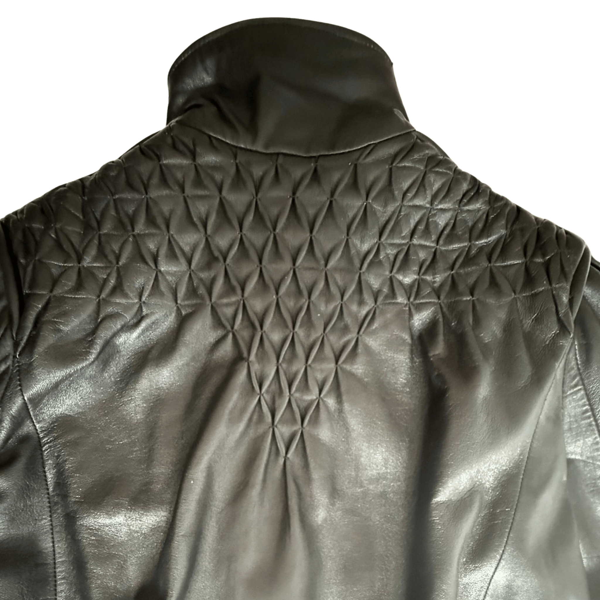 Black leather jacket with geometric quilting on the shoulders