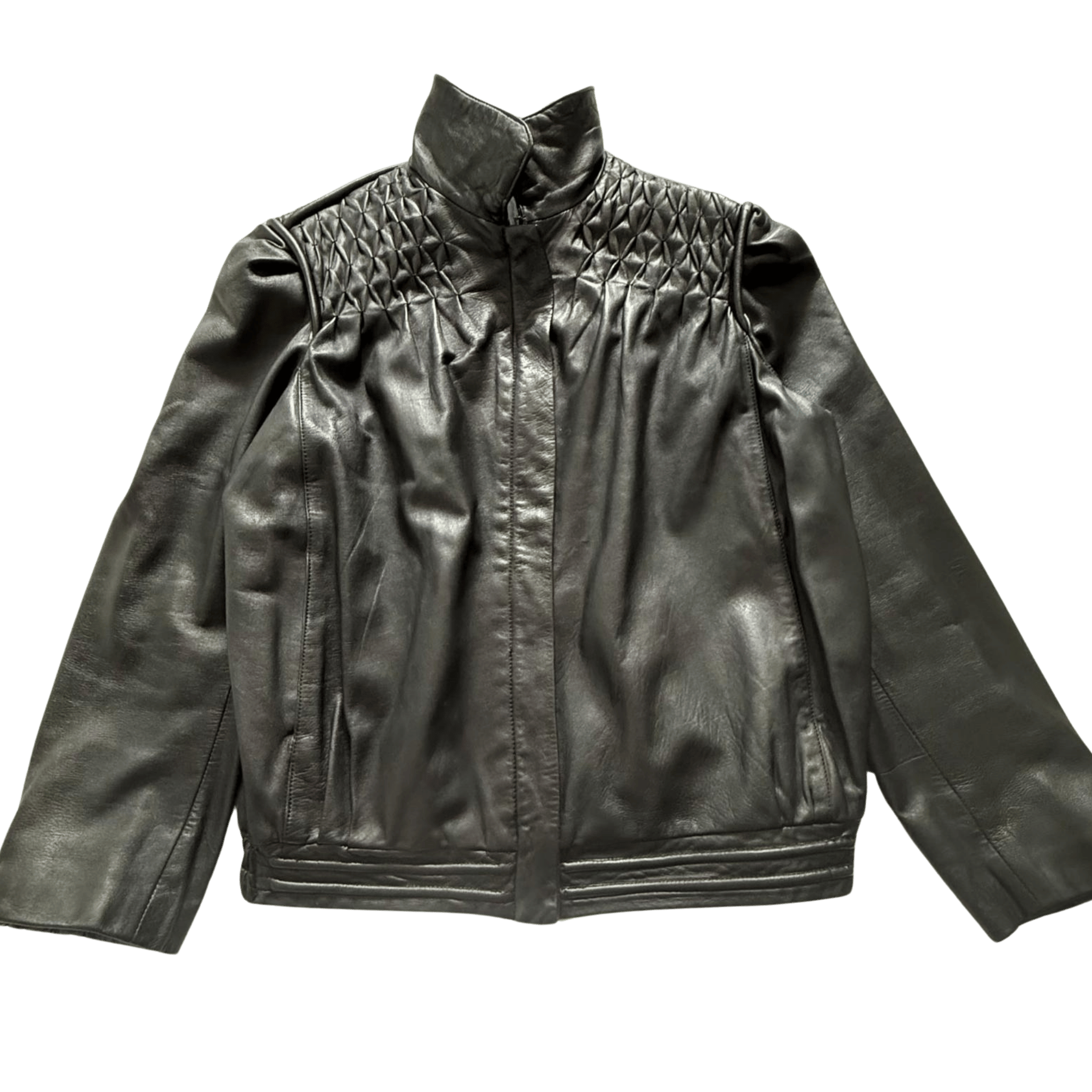 Black leather jacket with geometric quilting on the shoulders