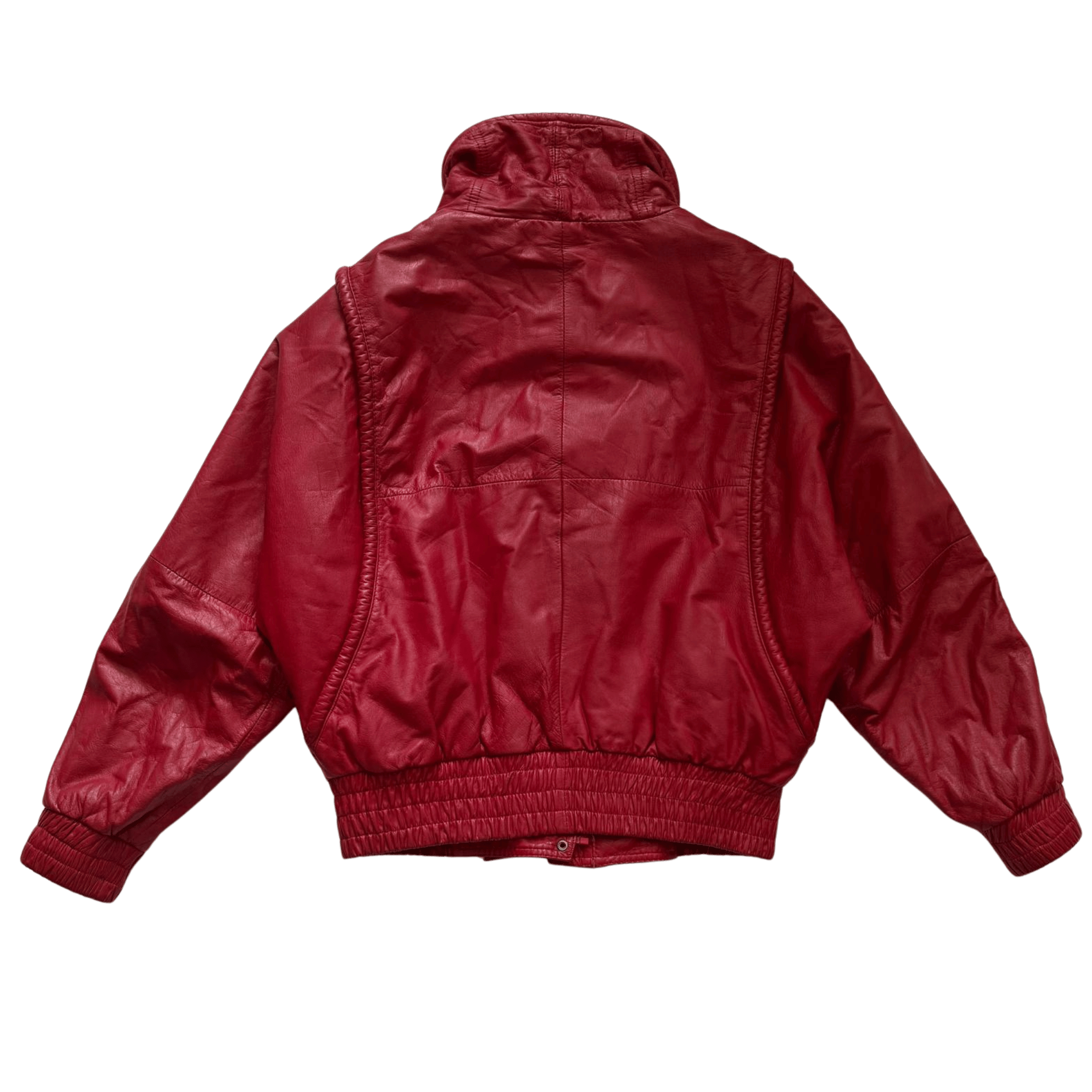Red leather jacket with a belt and a high stand-up collar in the 80s style.