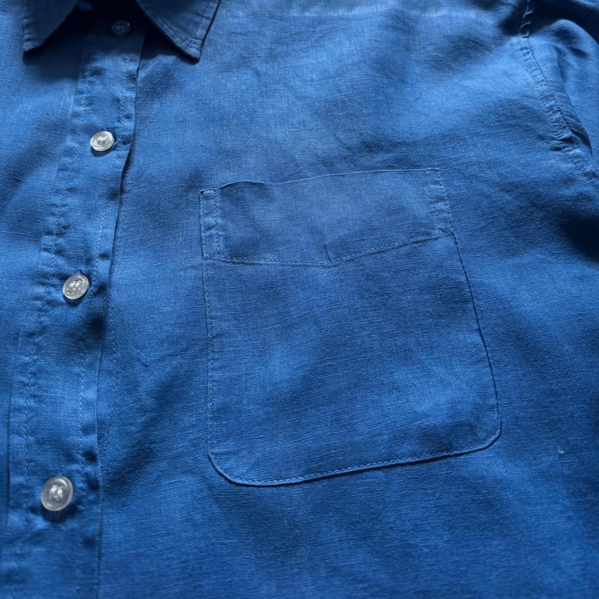 Blue women's long-sleeved pure linen shirt - oversized, classic collar