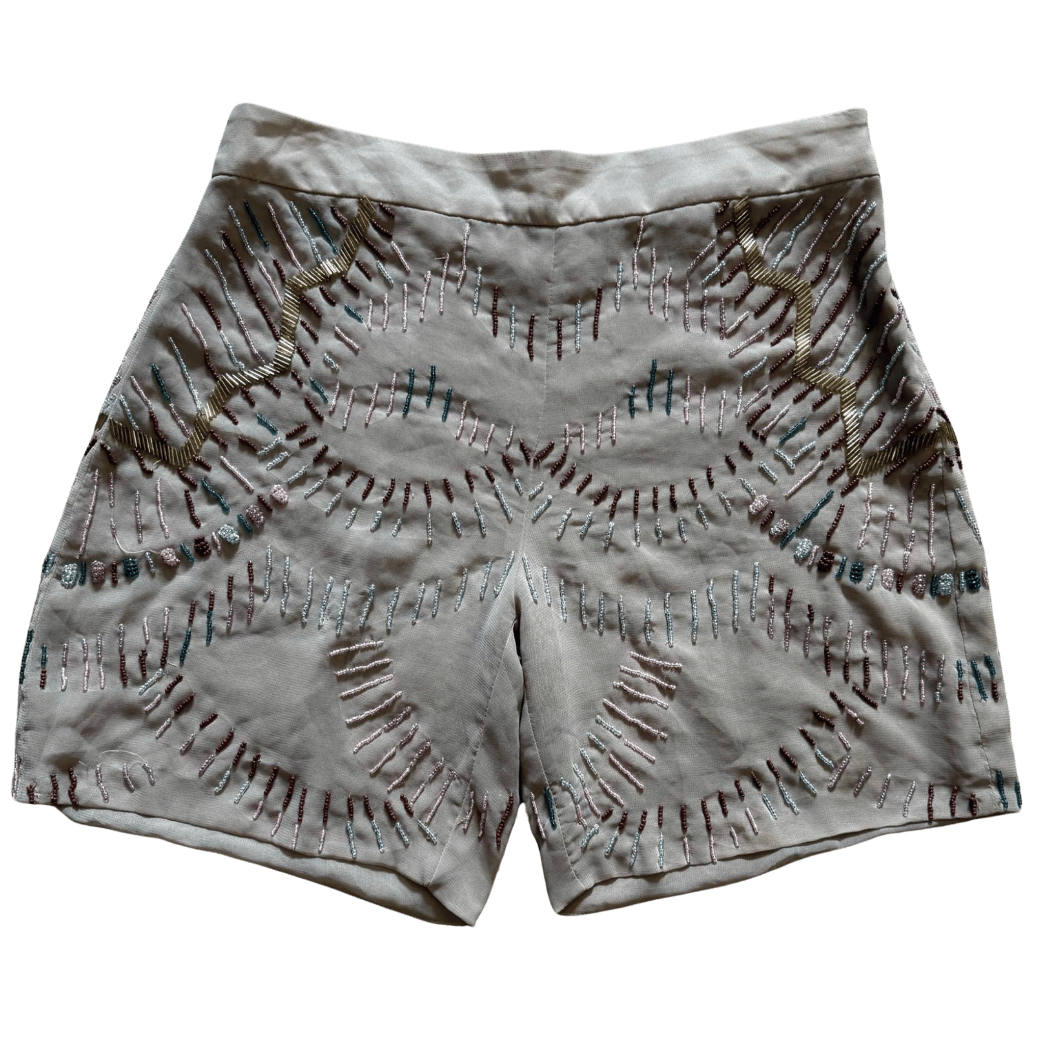 Beige women's shorts with embroidery and beads - ethnic pattern, hand-decorated