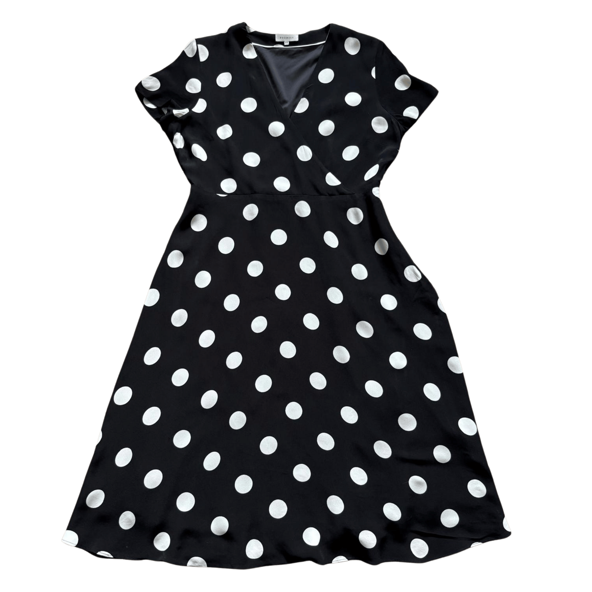 Promiss Black Midi Dress with White Polka Dots and a V-Neck – Retro Style
