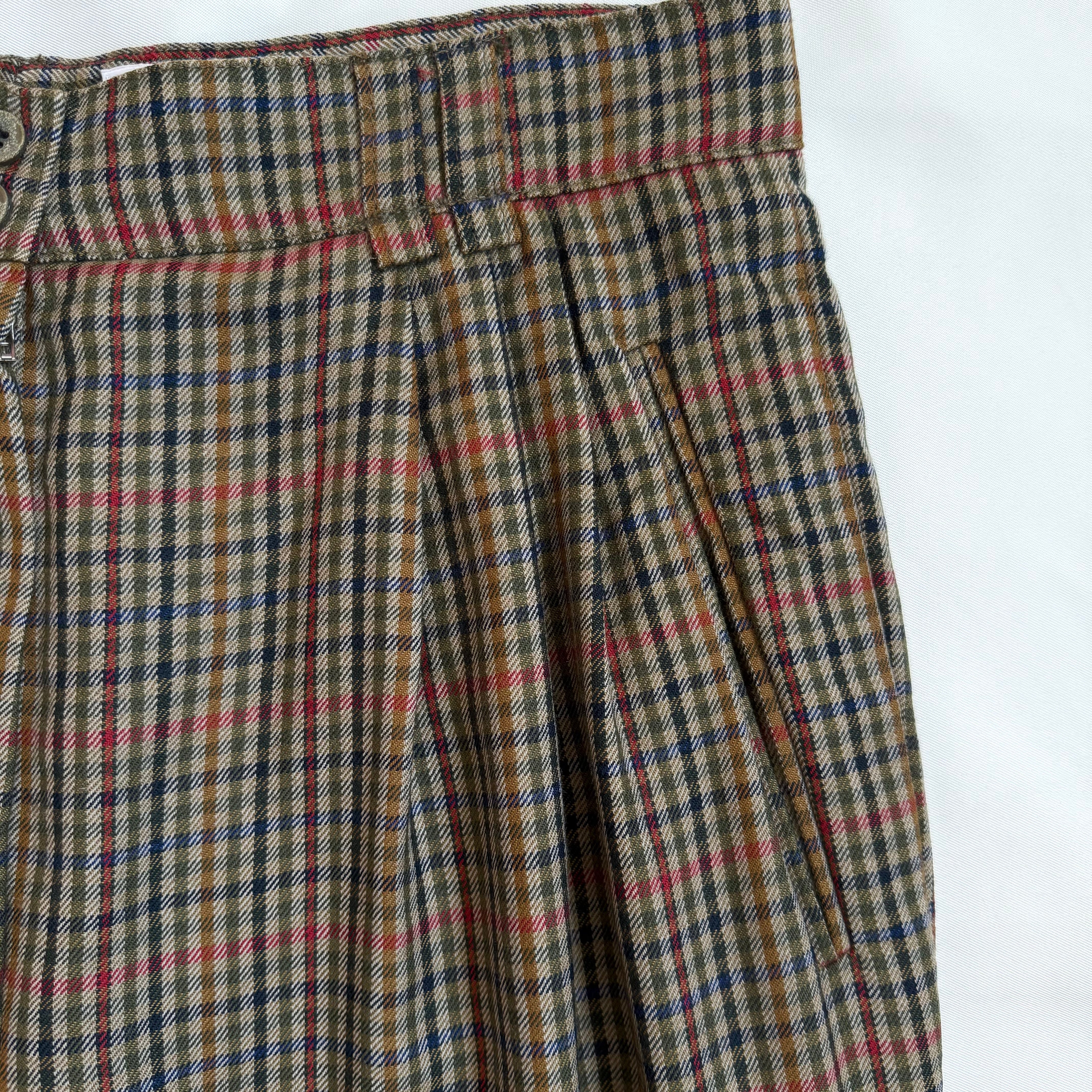 Wełniane spodnie vintage z zakładkami w kratkę