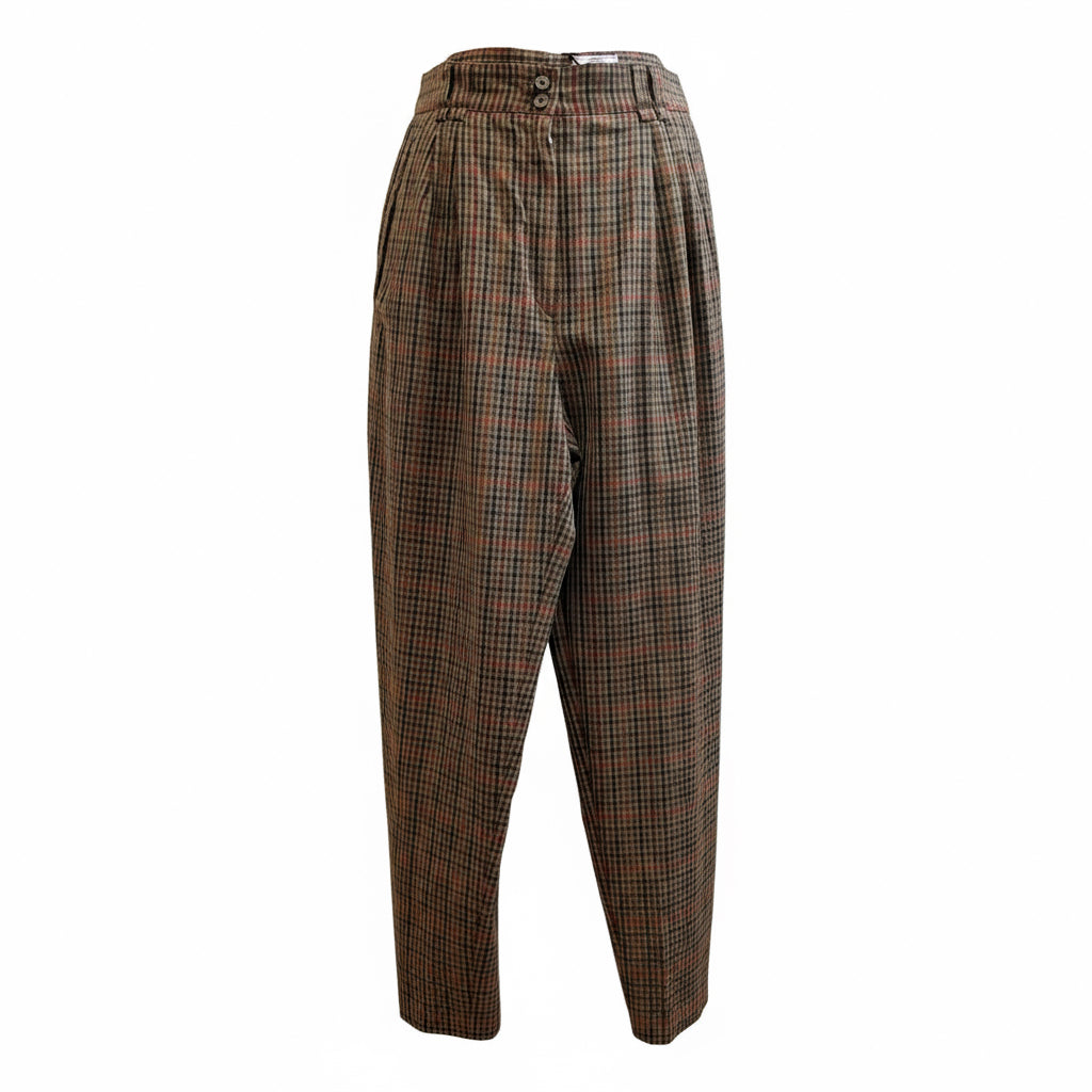 Wełniane spodnie vintage z zakładkami w kratkę