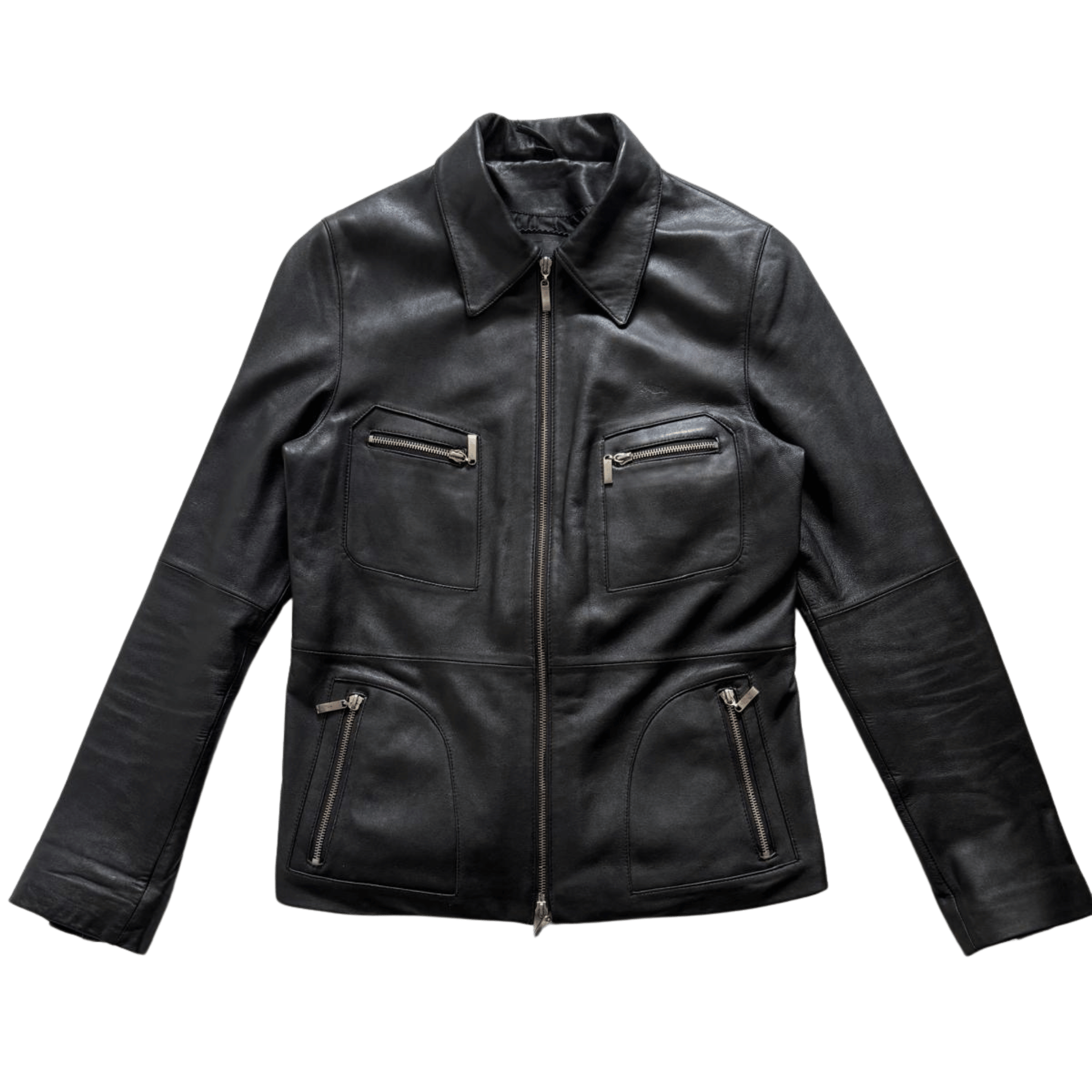 Black leather biker jacket with four zippered pockets