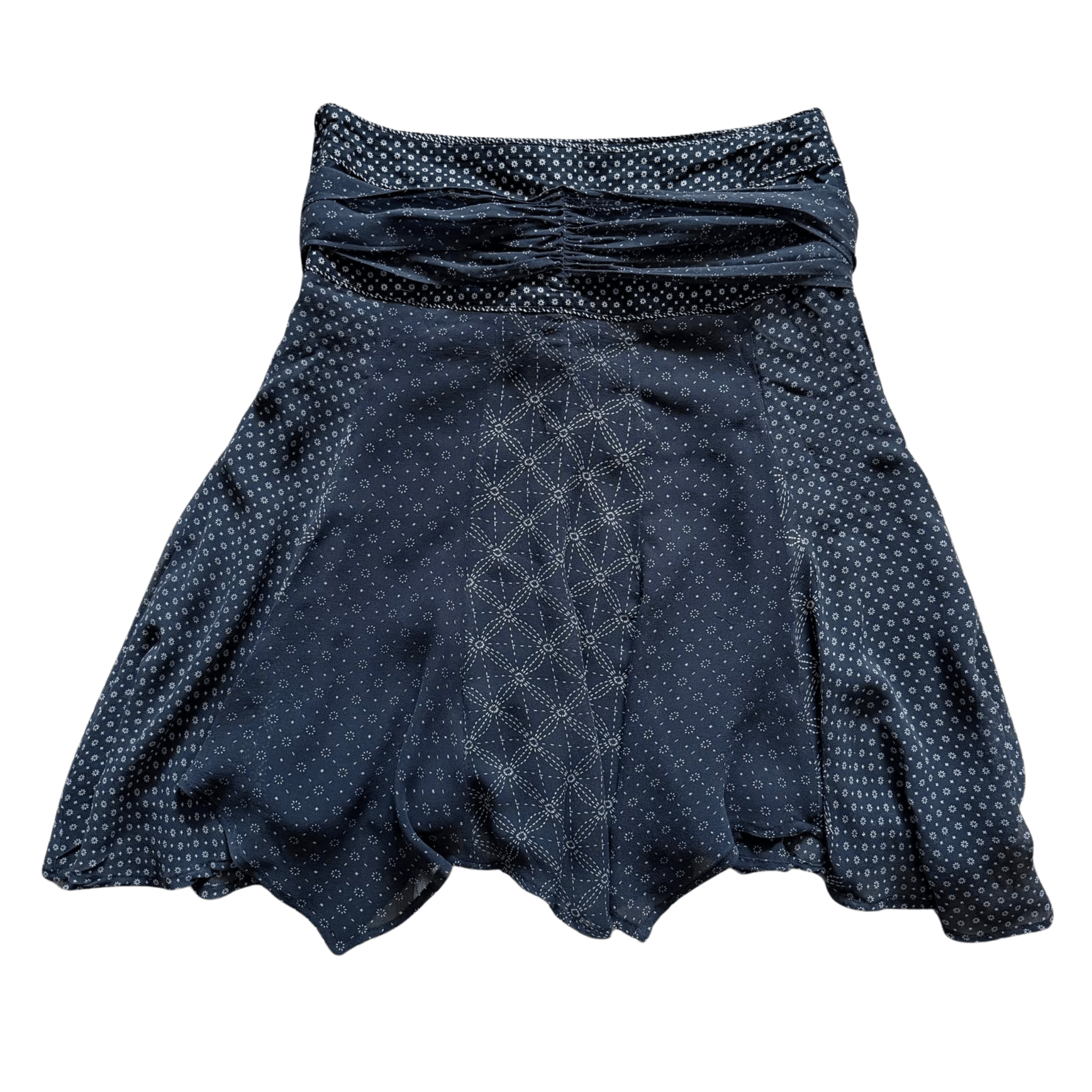 Anthracite silk mini skirt with tie and ethnic pattern – a feminine skirt for summer
