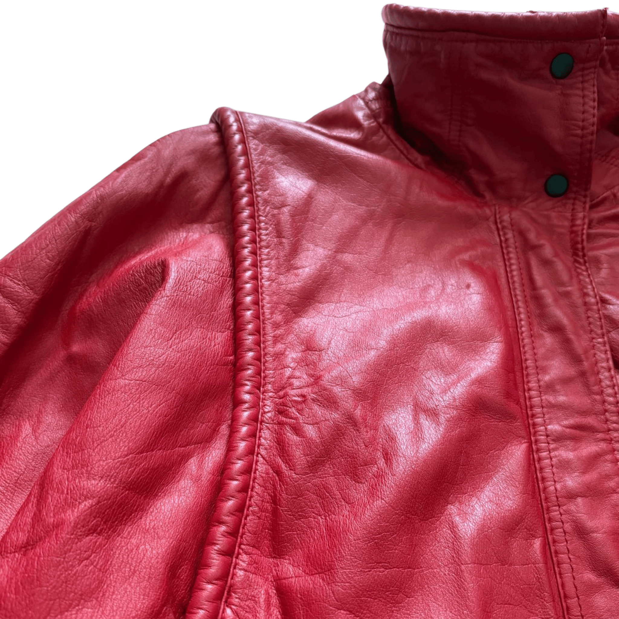 Red leather jacket with a belt and a high stand-up collar in the 80s style.