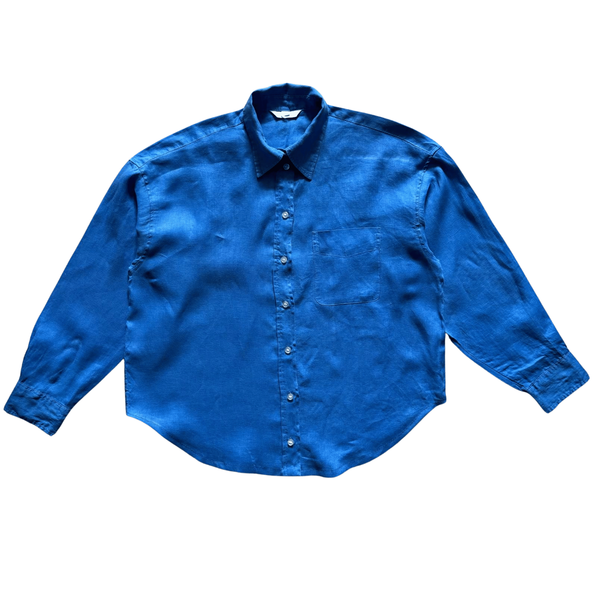 Blue women's long-sleeved pure linen shirt - oversized, classic collar