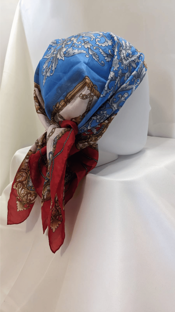 Elegancka apaszka w stylu barokowym – niebiesko - czerwona z złotymi detalami - RESTYLER