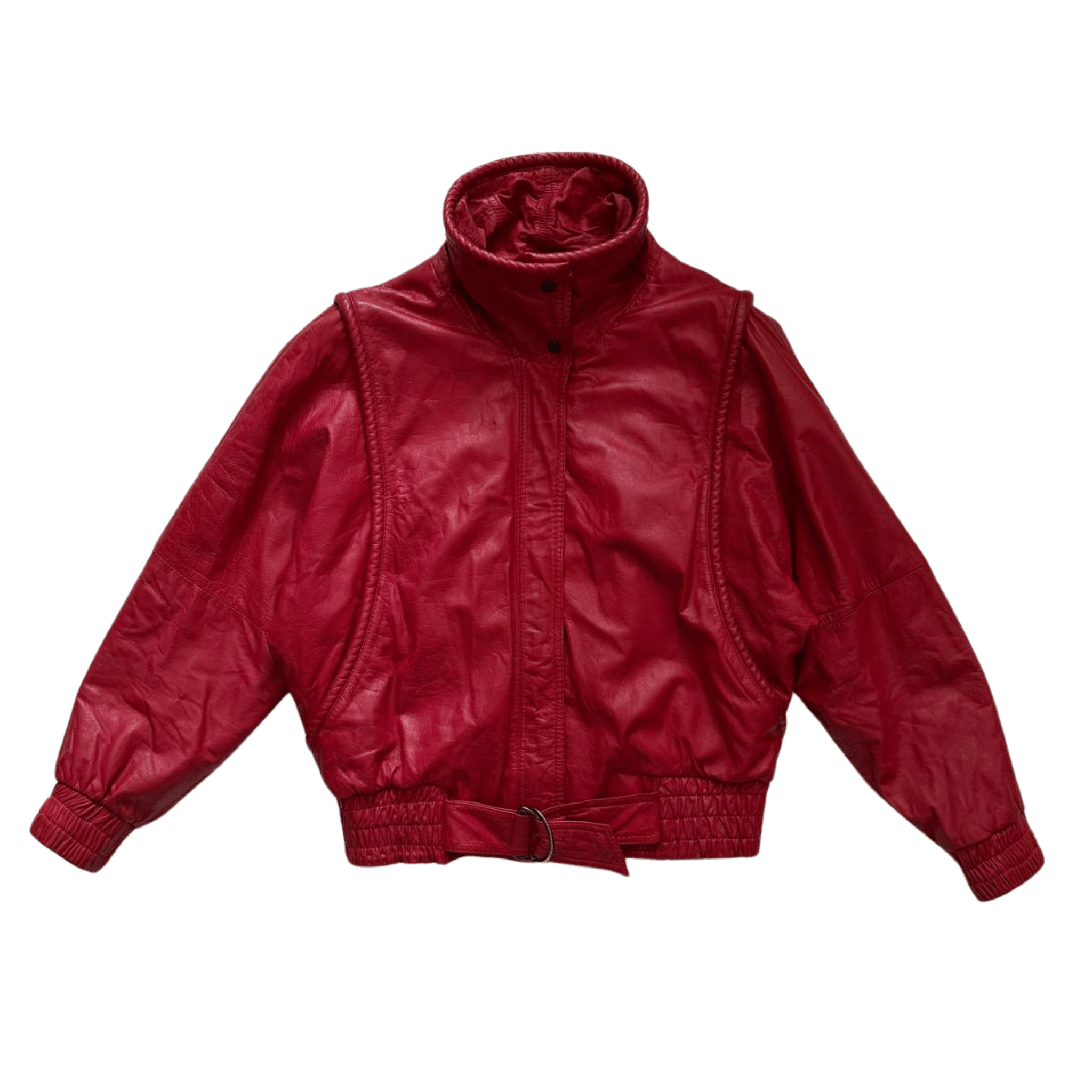Red leather jacket with a belt and a high stand-up collar in the 80s style.