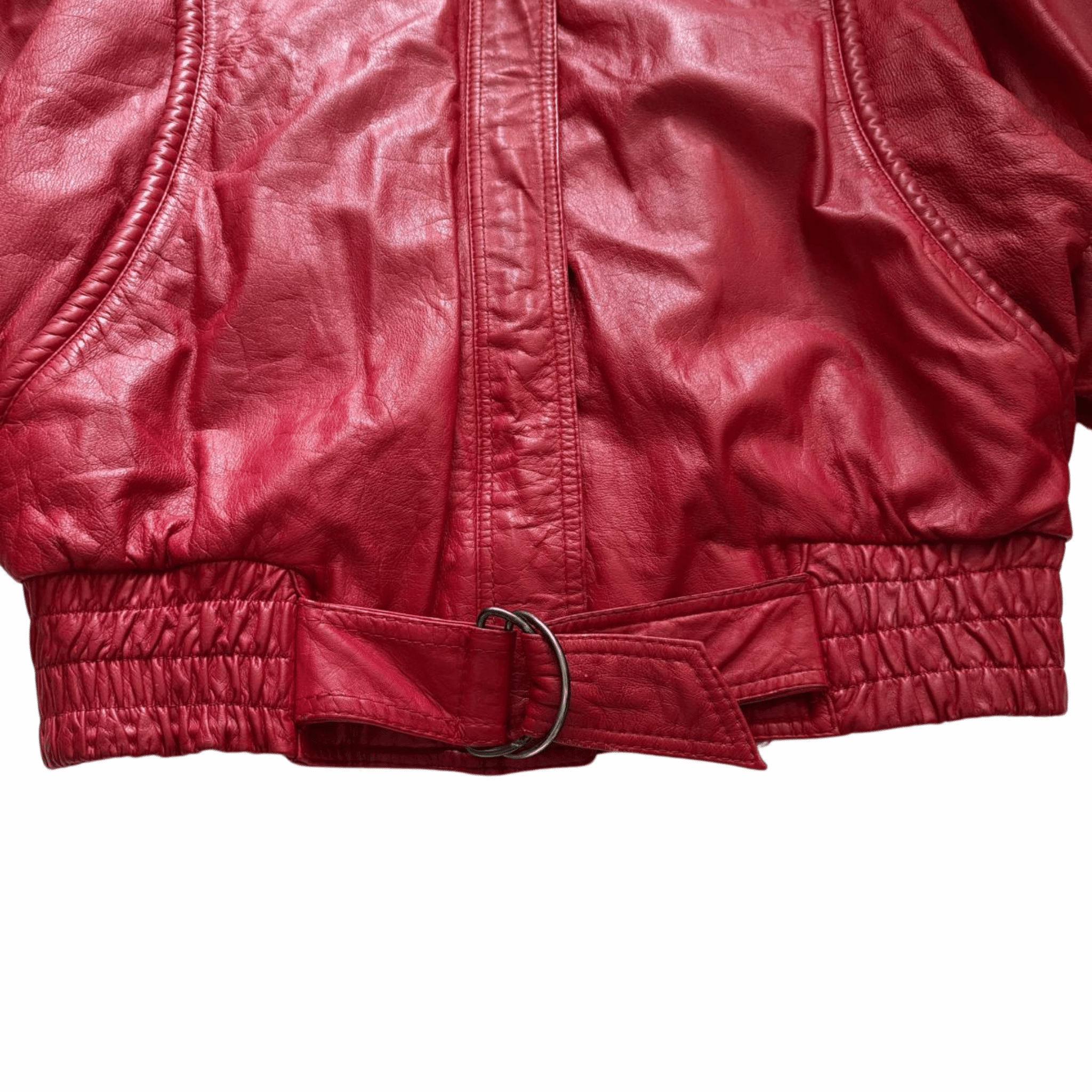 Red leather jacket with a belt and a high stand-up collar in the 80s style.