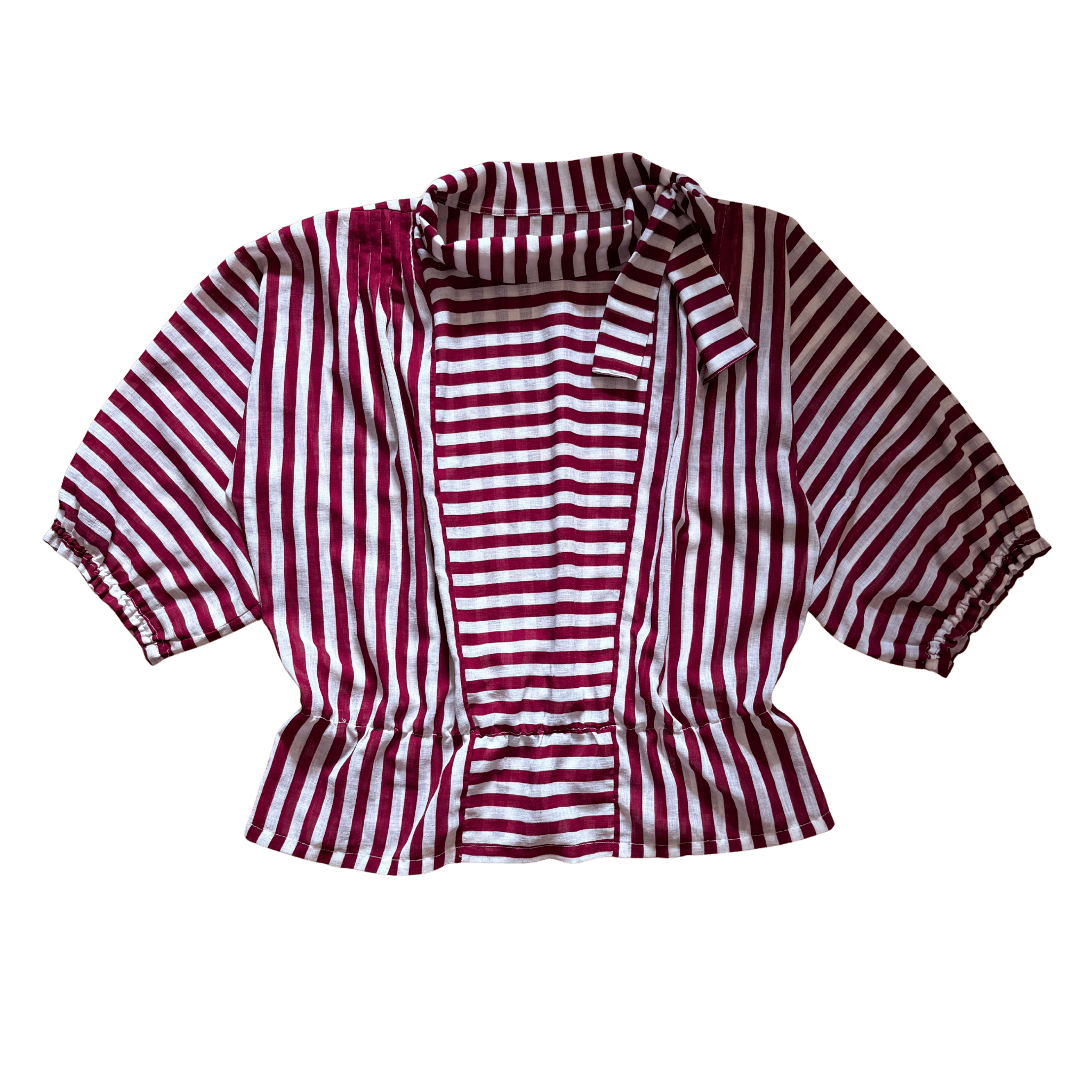 Vintage white and burgundy striped blouse with tie at the neck