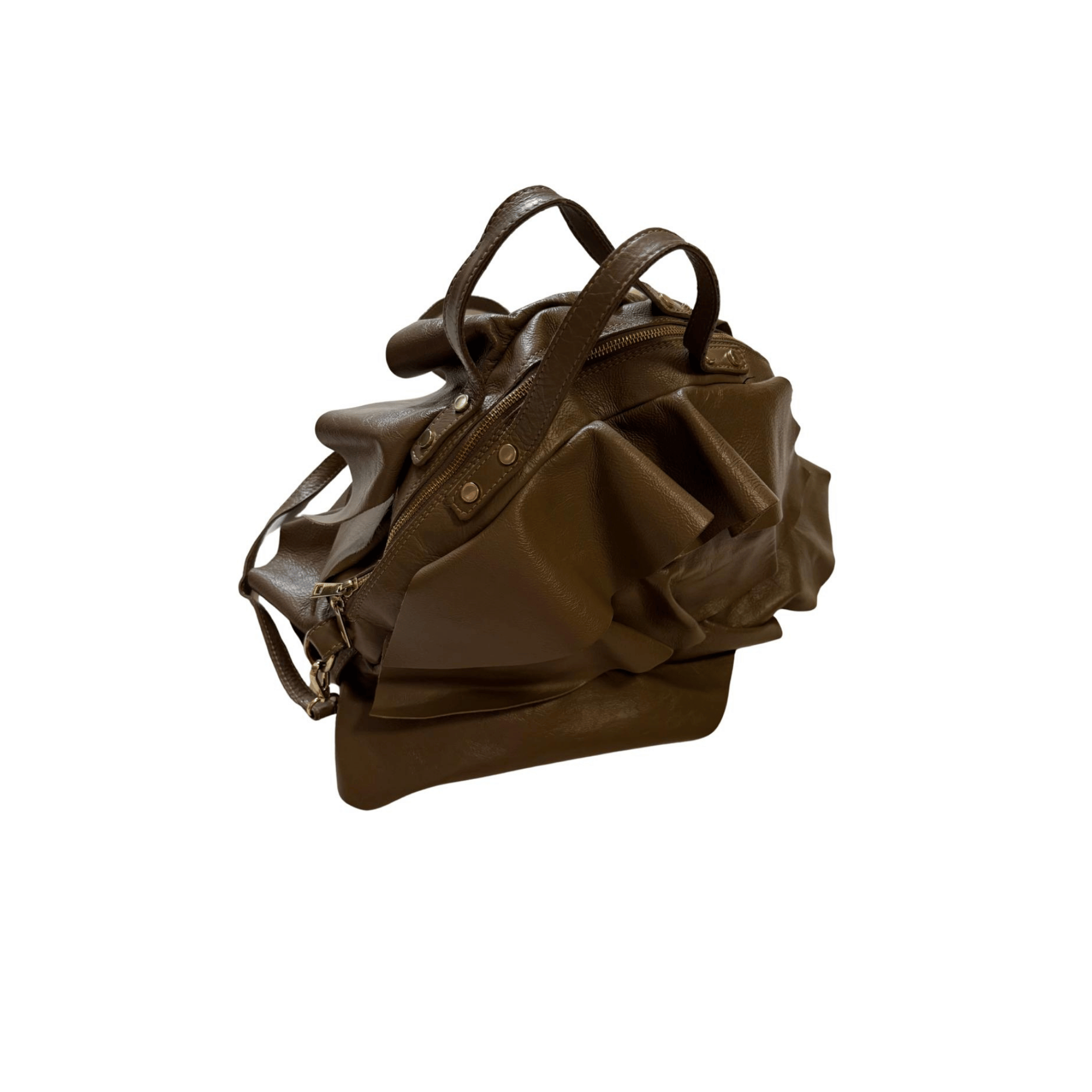 Large brown bag with ruffles and a stiffened bottom