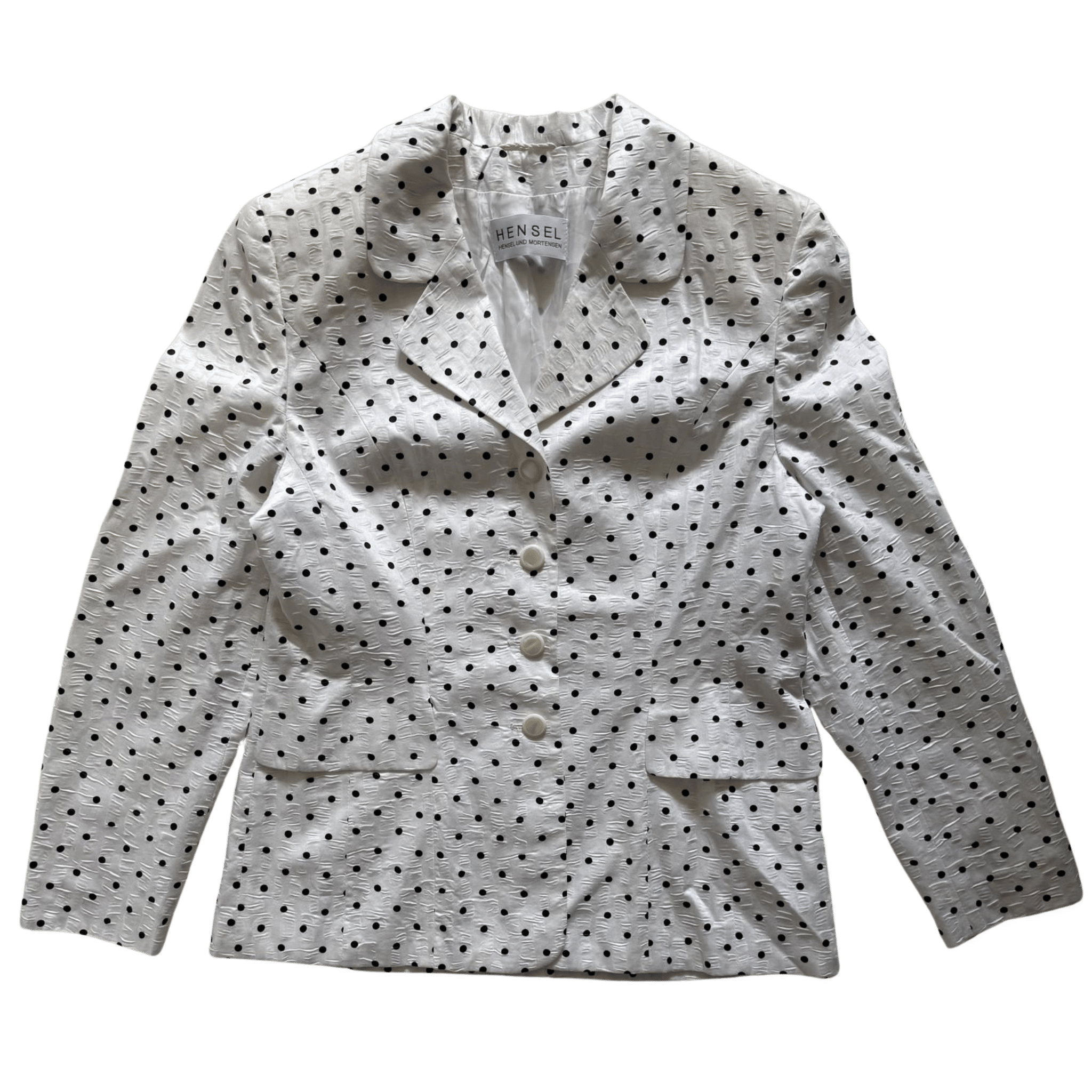 Komplet vintage: biały żakiet i spódnica midi w czarne grochy – elegancki zestaw retro Hensel