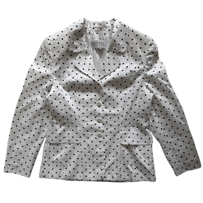 Komplet vintage: biały żakiet i spódnica midi w czarne grochy – elegancki zestaw retro Hensel