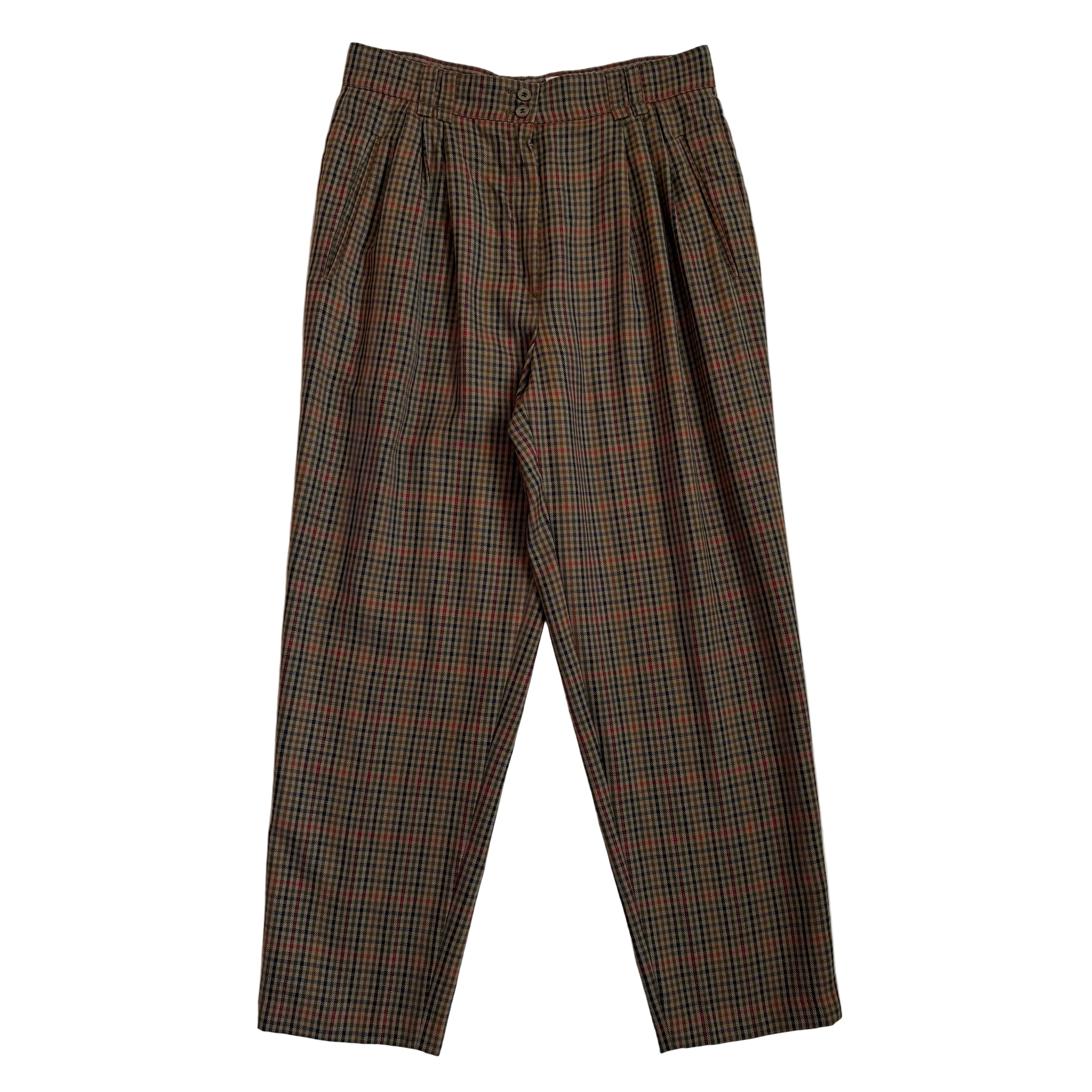 Wełniane spodnie vintage z zakładkami w kratkę