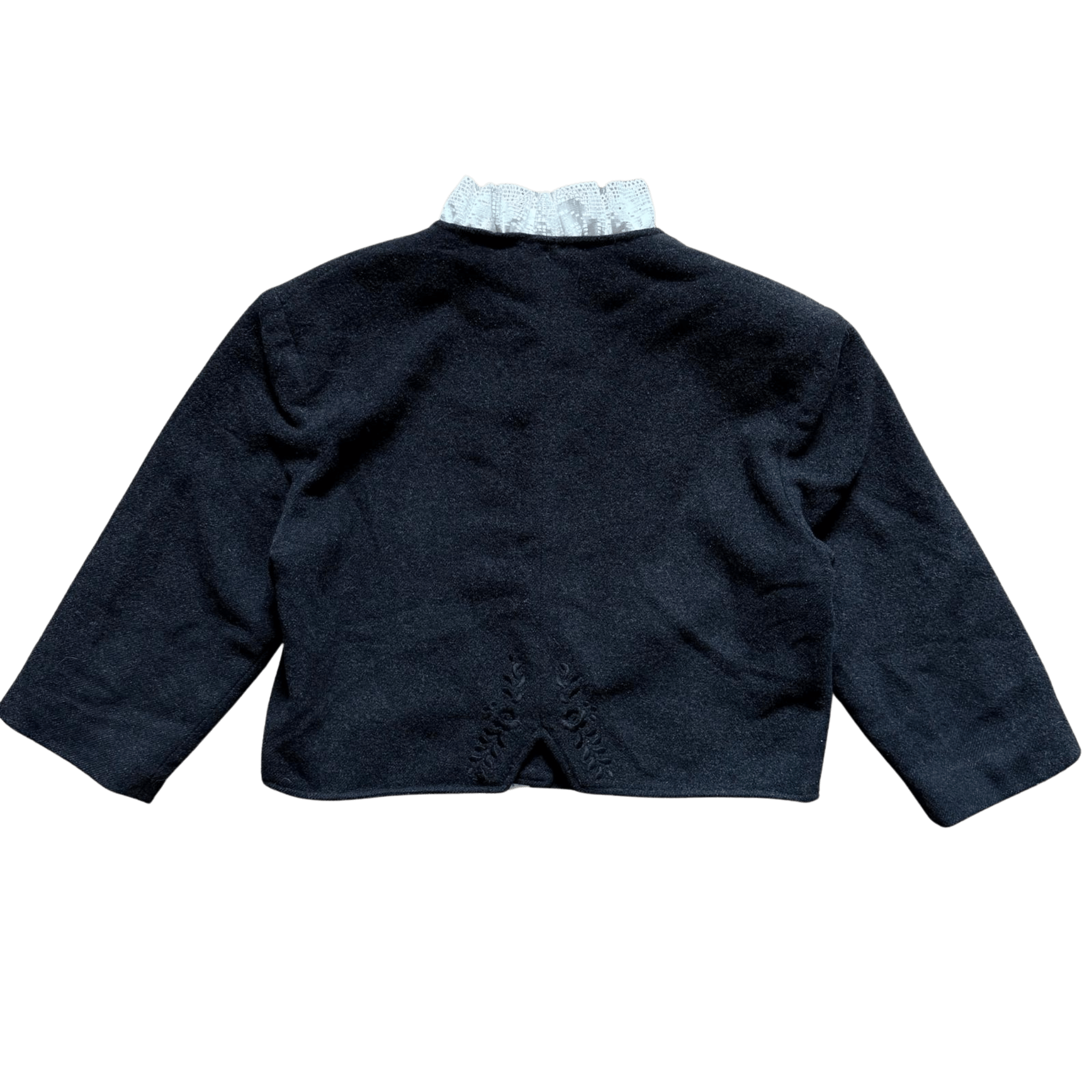 Elegancki krótki czarny żakiet z koronką i haftem vintage