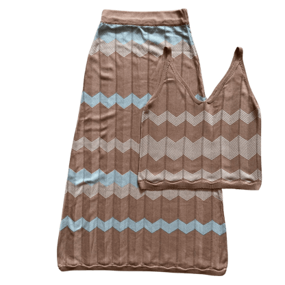 Women's knit set: top and midi skirt with zigzag pattern – beige and light blue