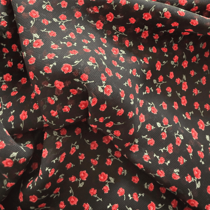 Black Vintage Midi Dress with Red Floral Pattern – Romantic V-Neck Dress