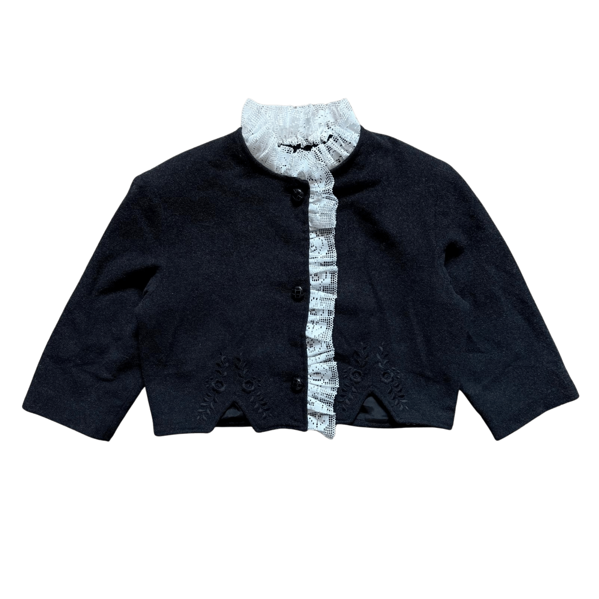 Elegancki krótki czarny żakiet z koronką i haftem vintage
