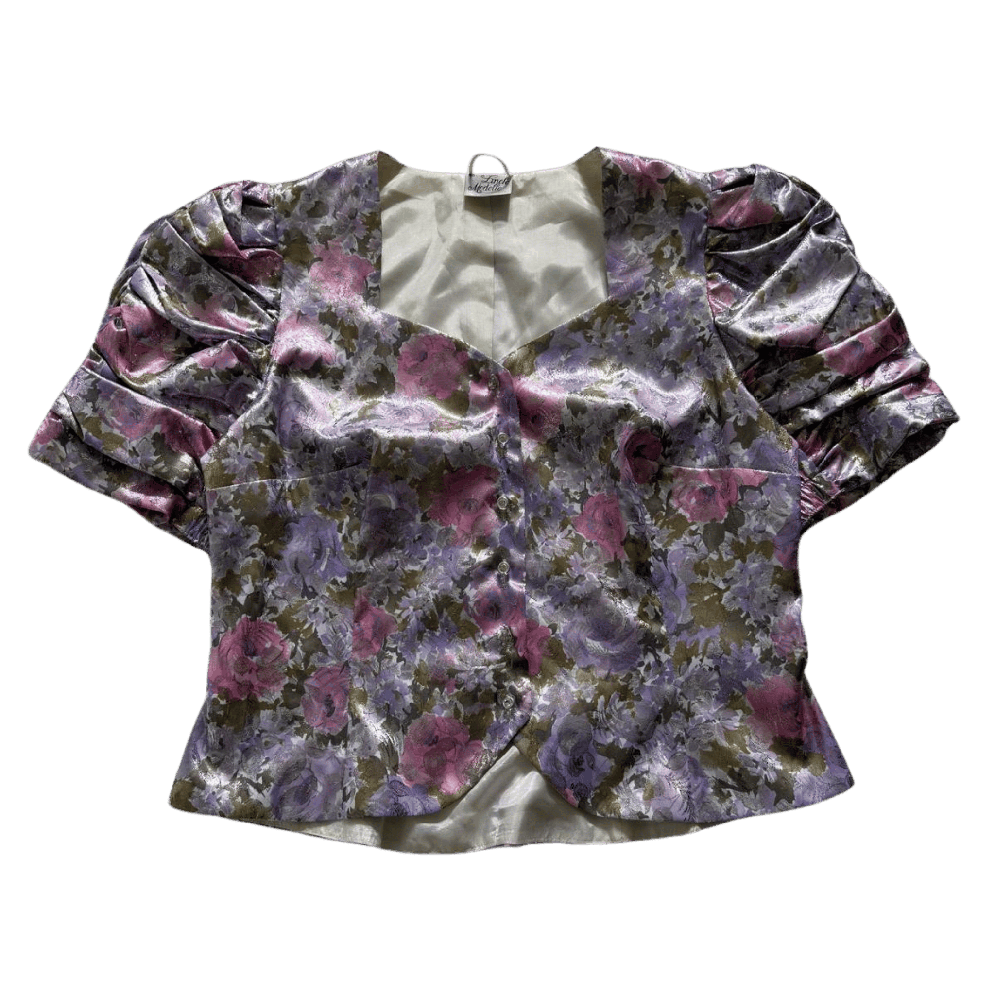 Błyszcząca bluzka vintage w kwiaty z bufkami – satynowy top w stylu lat 80.
