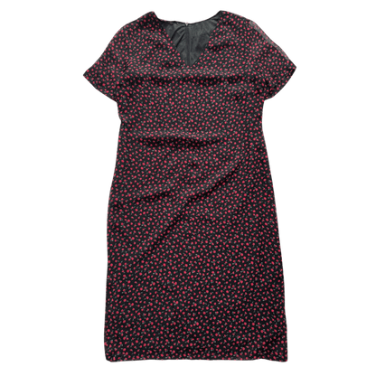 Black Vintage Midi Dress with Red Floral Pattern – Romantic V-Neck Dress