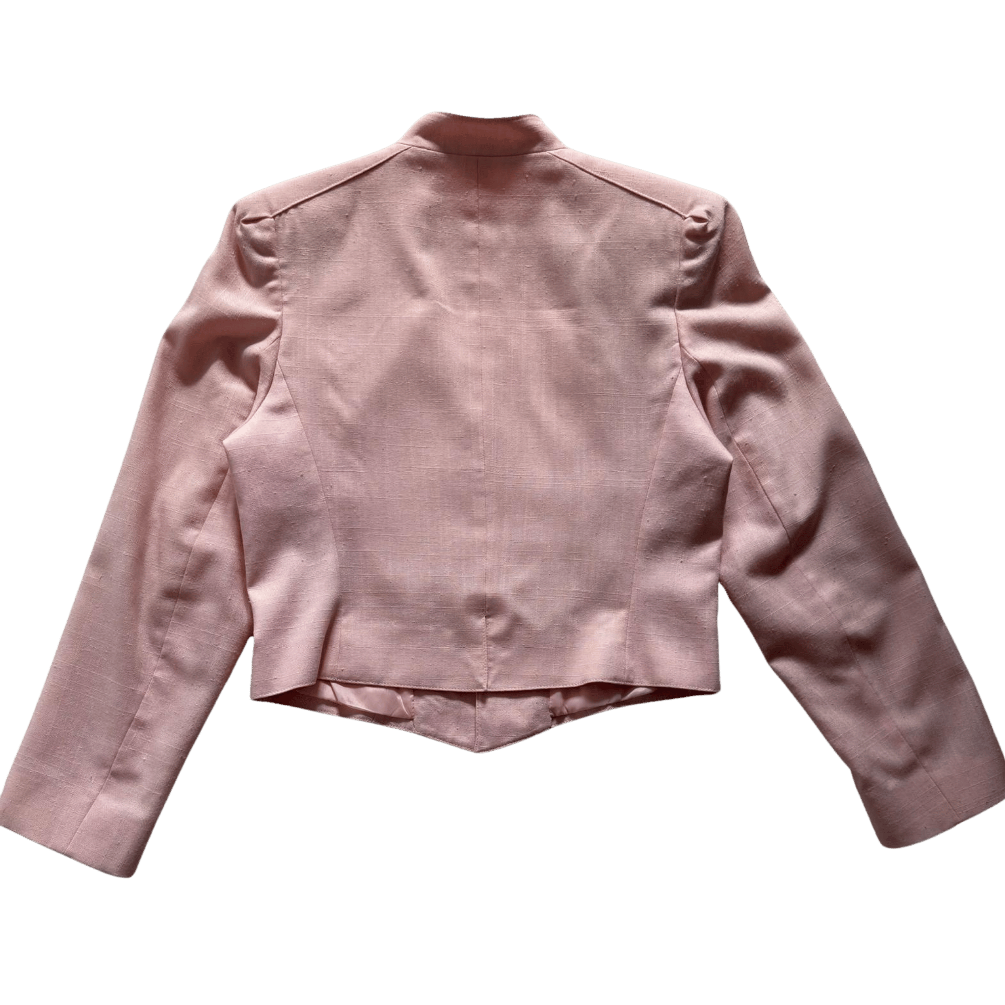 Powder pink short jacket with embroidered ornament and stand-up collar