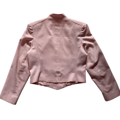 Powder pink short jacket with embroidered ornament and stand-up collar