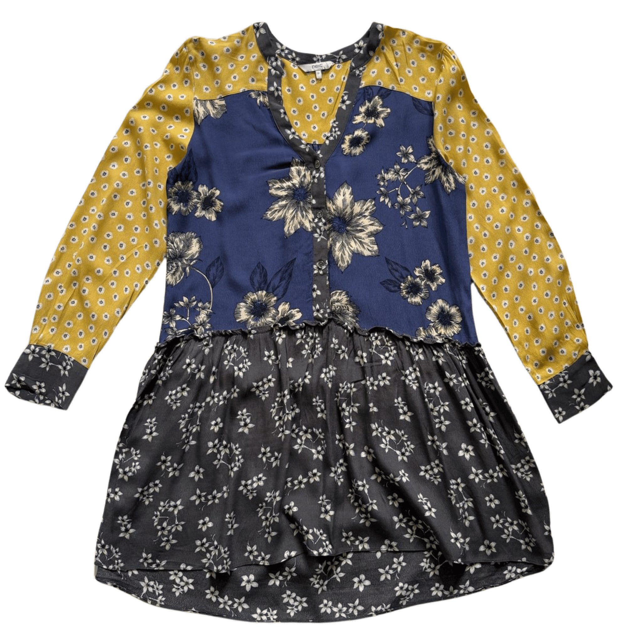 Patchworkowa sukienka mini w kwiaty z długim rękawem – kolorowy miks wzorów vintage