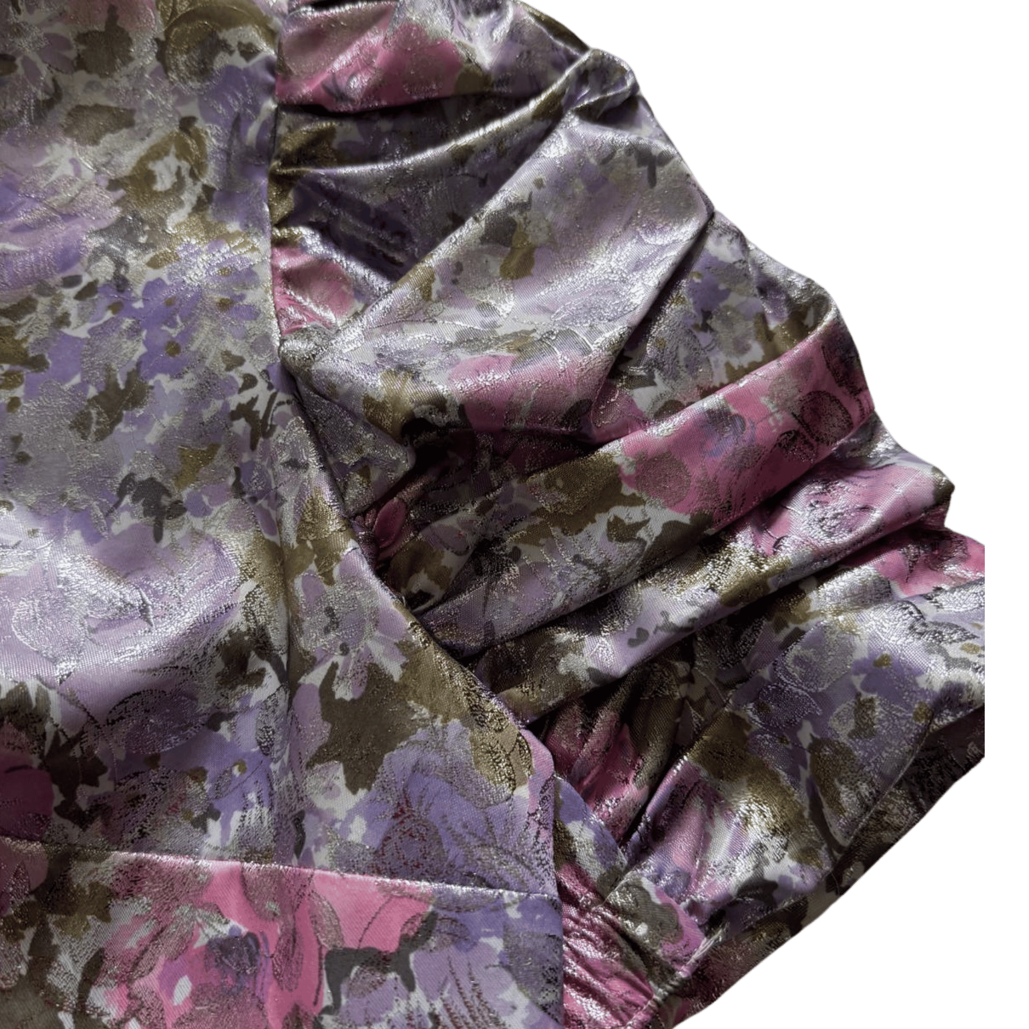 Błyszcząca bluzka vintage w kwiaty z bufkami – satynowy top w stylu lat 80.