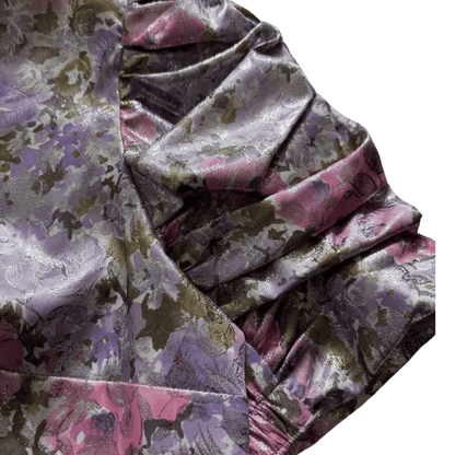 Shiny vintage floral puff sleeve blouse – 80s style satin top