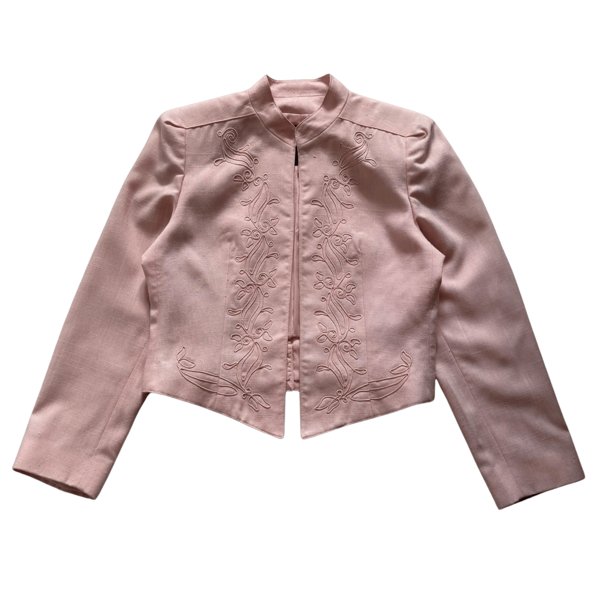 Powder pink short jacket with embroidered ornament and stand-up collar