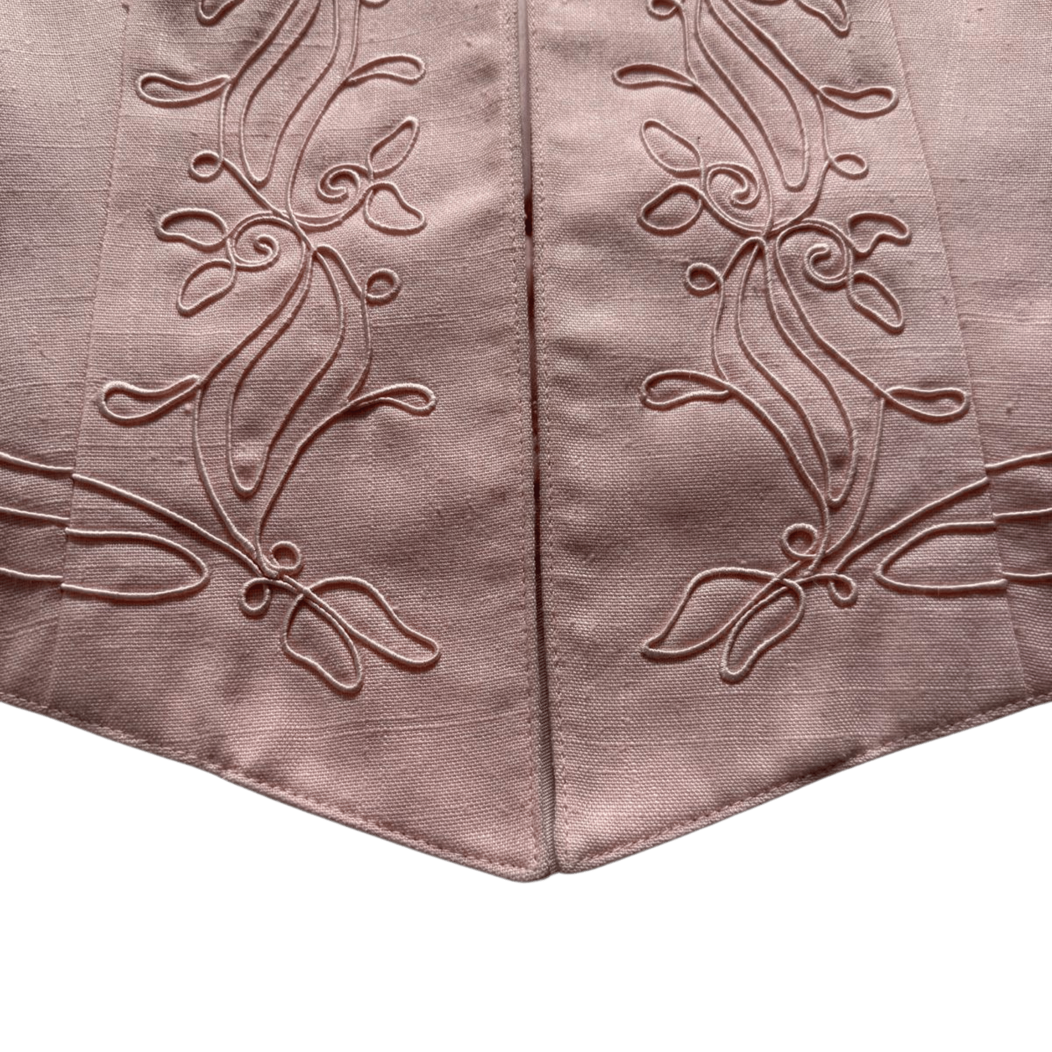 Powder pink short jacket with embroidered ornament and stand-up collar