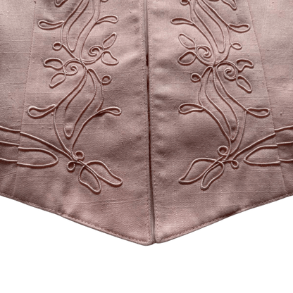 Powder pink short jacket with embroidered ornament and stand-up collar