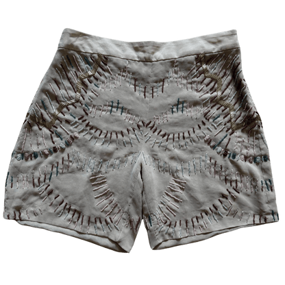 Beige women's shorts with embroidery and beads - ethnic pattern, hand-decorated