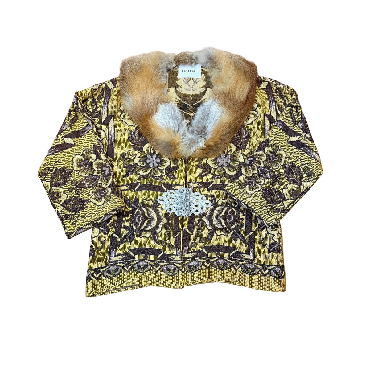 Żakardowe kimono z futrem naturalnym upcycling