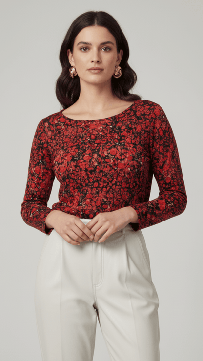 Bluzka vintage w drobne czerwone kwiaty – Delizia, rękaw 3/4