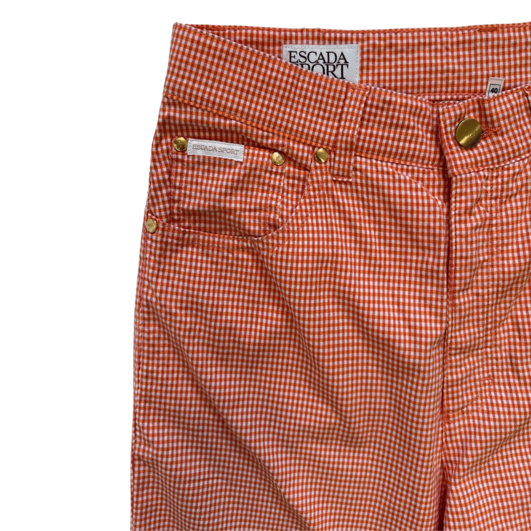 Spodnie Escada Sport w kratkę vichy – pomarańczowo-białe rurki vintage z bawełny