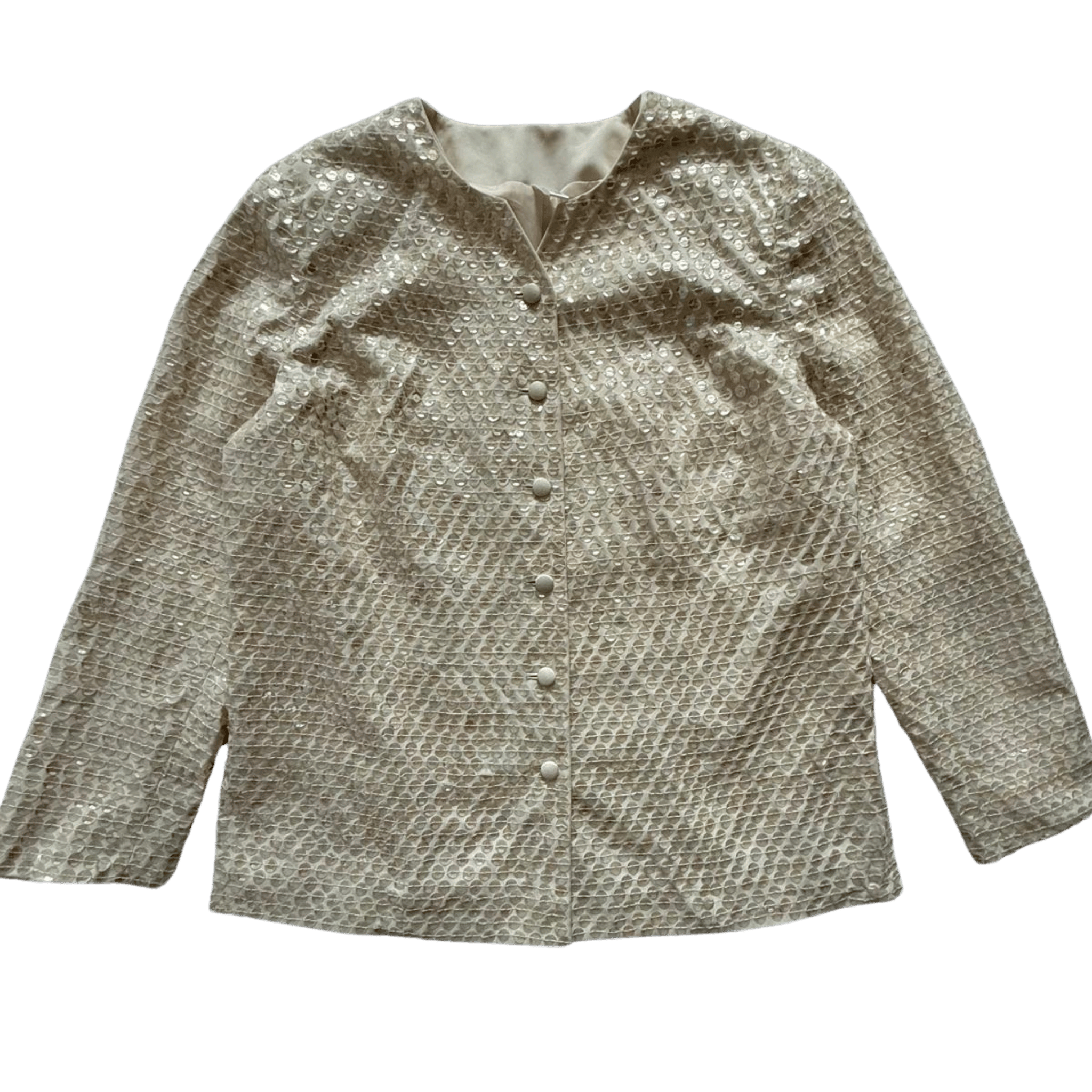 Elegant cream vintage jacket with sequins, shiny evening cape – retro 60s style.