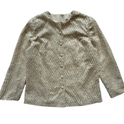 Elegant cream vintage jacket with sequins, shiny evening cape – retro 60s style.