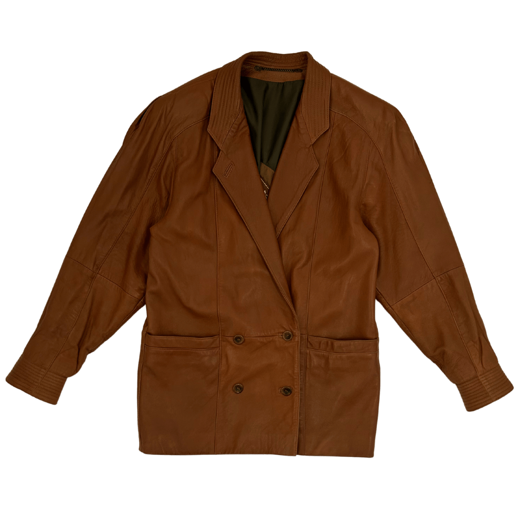 Brązowa skórzana marynarka oversize w stylu vintage - RESTYLER