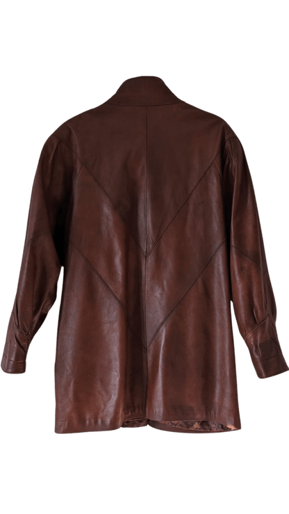 Brązowa vintage skórzana kurtka oversize z bufiastymi rękawami - RESTYLER