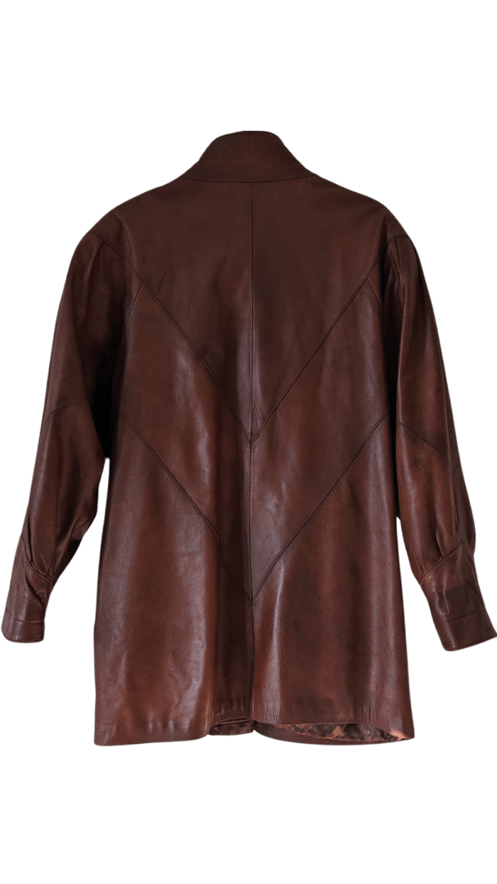 Brązowa vintage skórzana kurtka oversize z bufiastymi rękawami - RESTYLER
